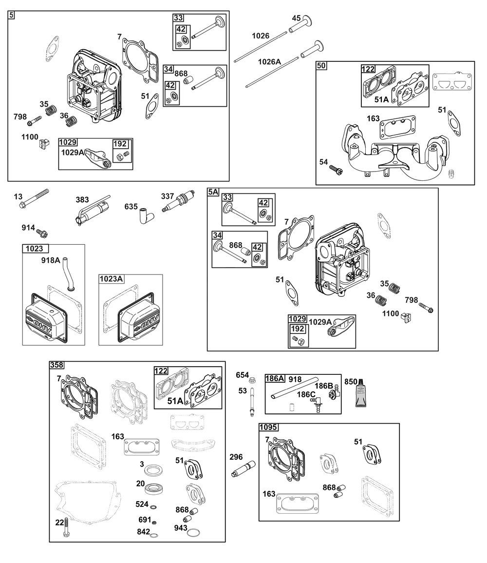 Cylinder Head Group Diagram and Parts List for 44T977-0055-B5 400000 - 699999 Briggs and Stratton Engine